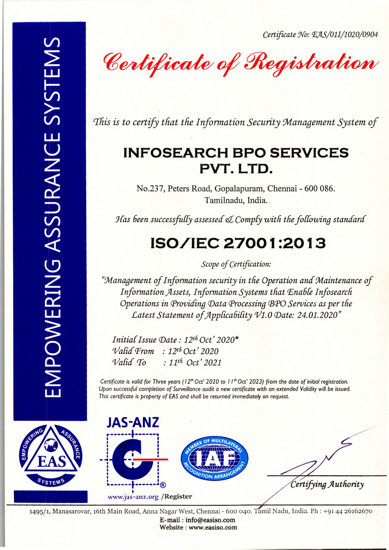 ISO 27001:2013 Certification for ISMS | Infosearch BPO News